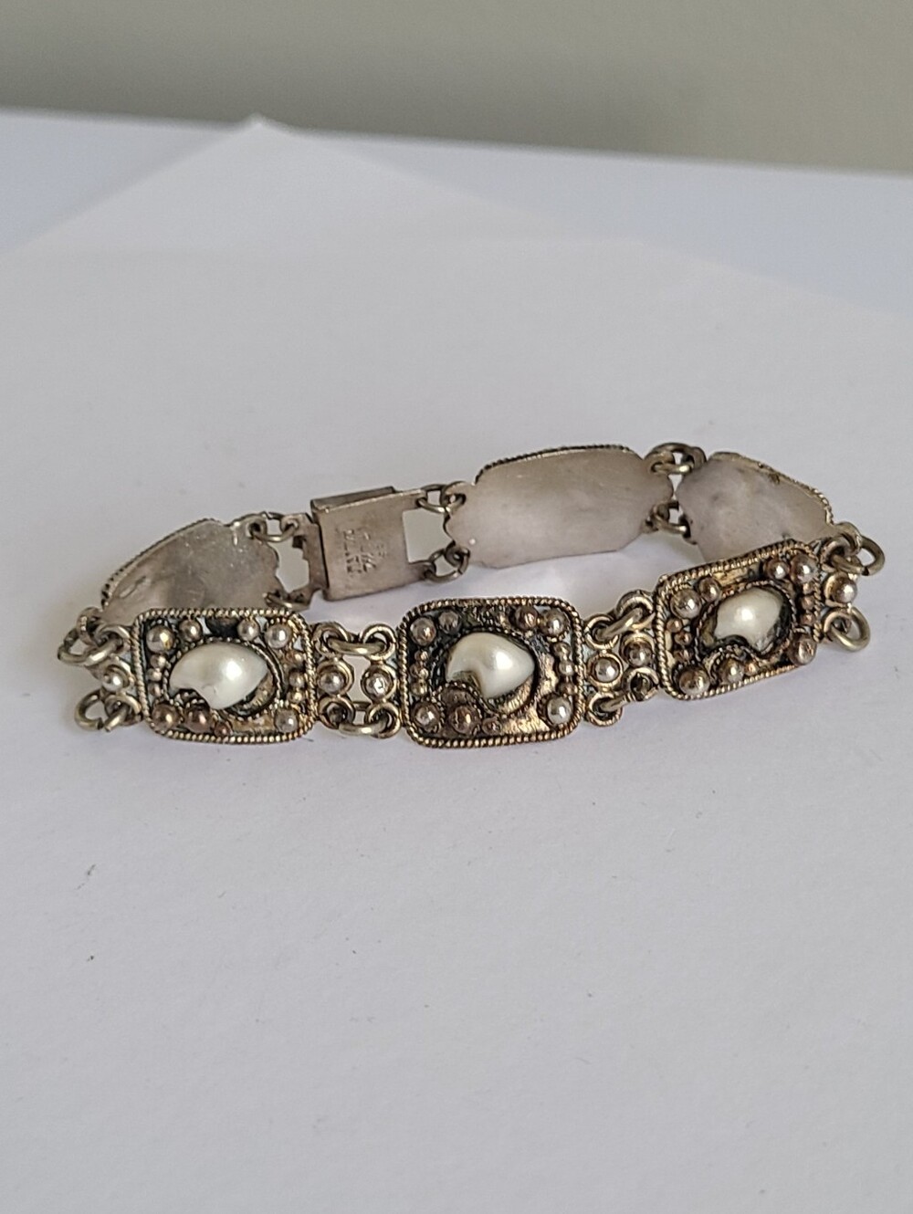 Vintage Boho Sterling Silver Pearl Shell Intricate Chain Link Bracelet